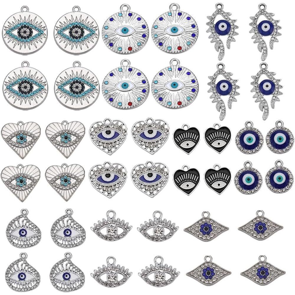 8921 40PCS 10 STYLES Sliver Evil Eye Charms Bulk Rhinestone Charms Hollow